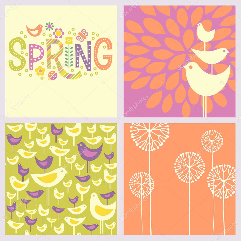 Cheerful coordinating retro Spring designs includes  seamless bird pattern, hand drawn flowers and doodle lettering.