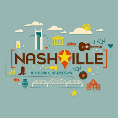 Nashville yerler, konumlar ve metin enlem ve boylam ile tasarlayın. Düz simge stil. T-shirtler, kartları, afiş ve posterler için.