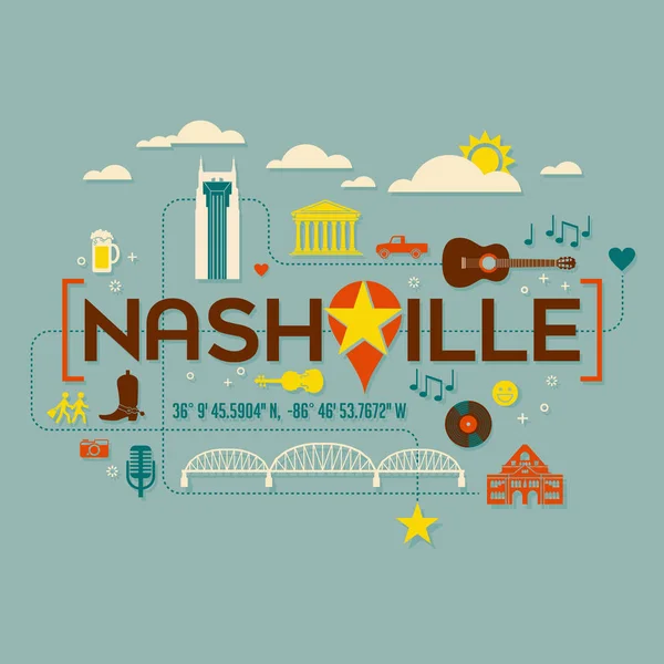 Nashville bezienswaardigheden, attracties en tekstontwerp met lengte- en breedtegraad. Platte pictogramstijl. Voor t-shirts, kaarten, banners en posters. — Stockvector