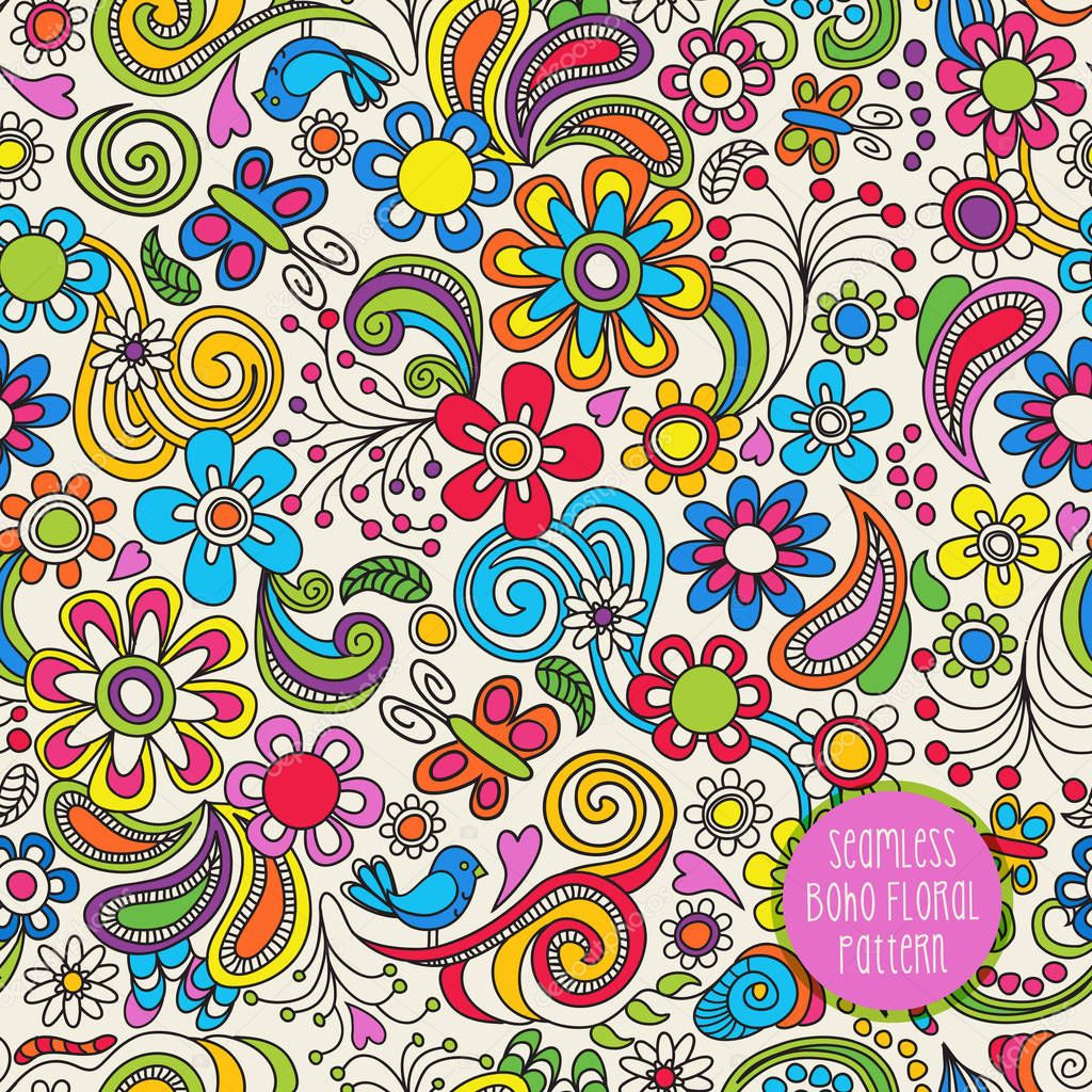 Seamless Boho floral pattern. Vector illustration for backgrounds, papers, fabrics and decor.