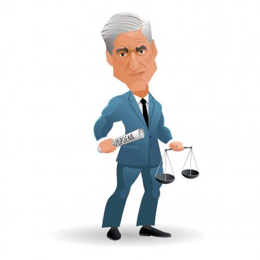 3 Mayıs 2018. Amerikalı avukat ve atanan özel danışmanı Robert Mueller karikatürü. Vektör çizim.