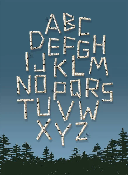 Diseño de póster vectorial de alfabeto de troncos de abedul . — Archivo Imágenes Vectoriales
