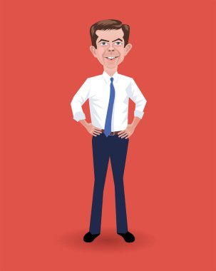 Pete Buttigieg 'in karikatürü, konuşuyor ve işaret ediyor. 2020 ABD başkanlık seçimlerinde Demokrat başkan adayı. 