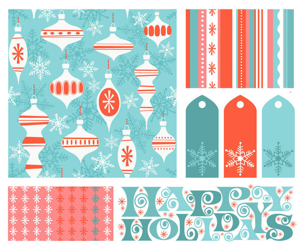Set of new coordinating holiday seamless patterns, gift tags and design elements for gift wrap, cards and decoration.