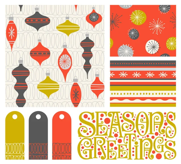 Conjunto de nuevos patrones, etiquetas de regalo y elementos de diseño coordinados para envoltura de regalo, tarjetas y decoración . — Vector de stock