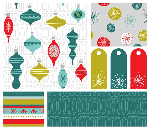 Набор новых координирующих праздничных бесшовных узоров, подарочных меток и элементов дизайна для подарочной упаковки, открыток и украшений . — стоковый вектор