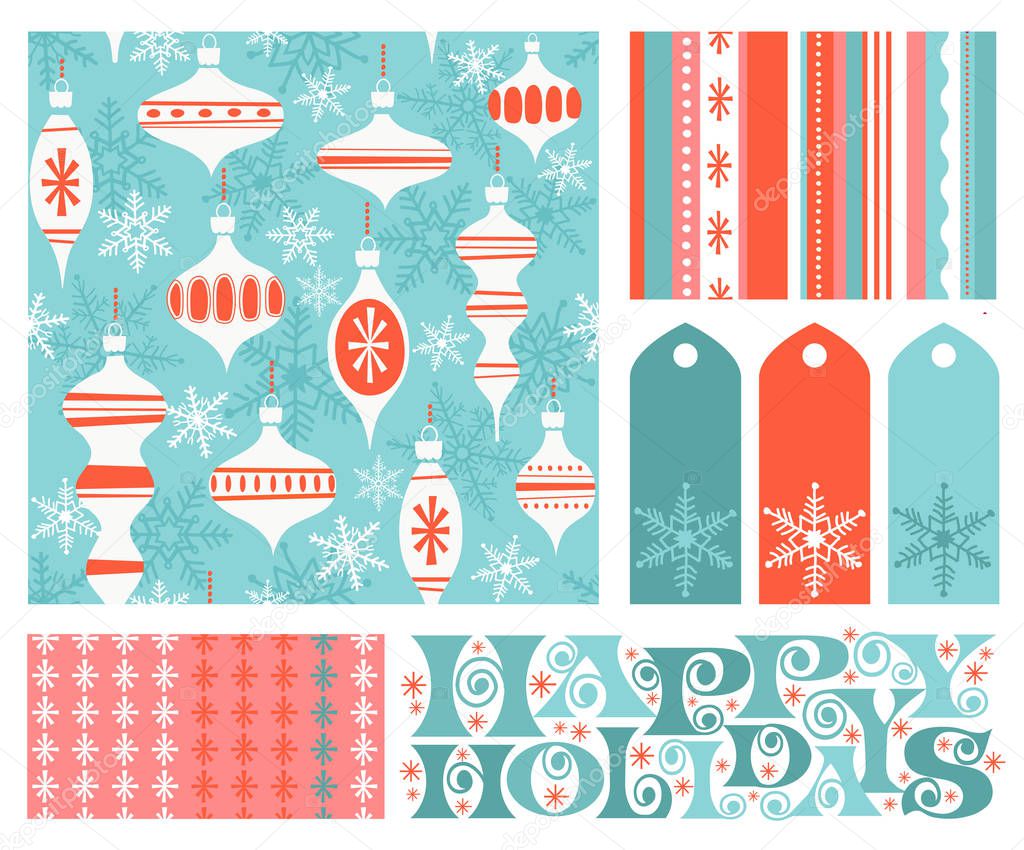 Set of new coordinating holiday seamless patterns, gift tags and design elements for gift wrap, cards and decoration.