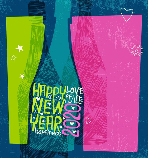 Szczęśliwego Nowego Roku 2020 projekt. Streszczenie butelki szampana z inspirującymi ręcznie napisanymi słowami. — Wektor stockowy