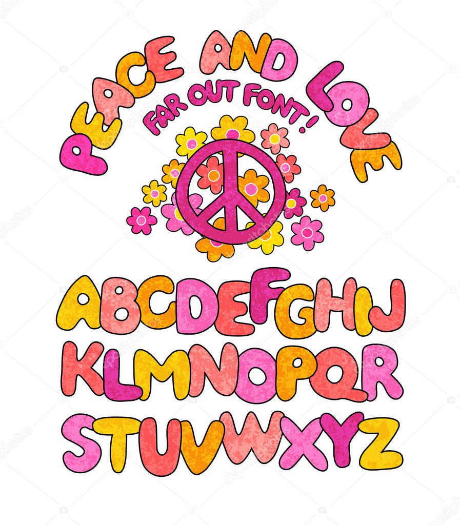 Hand drawn peace and love doodle font with textured overlay. 1960s style with daisies and peace symbol. Vector illustration.