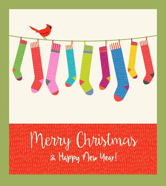 Cute kartka świąteczna z ciąg kolorowe wzorzyste pończochy Boże Narodzenie. Wesołych Świąt i Szczęśliwego Nowego Roku. — Wektor stockowy