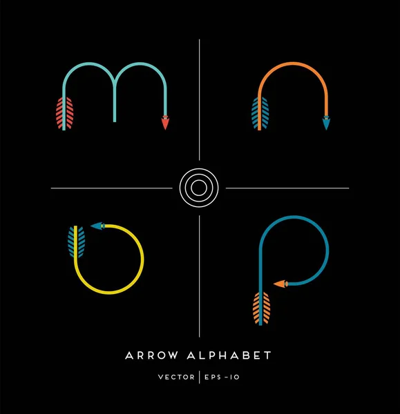 Moderno alfabeto minimalista a forma di frecce di tiro con l'arco. Lettere m, n, o, p . — Vettoriale Stock