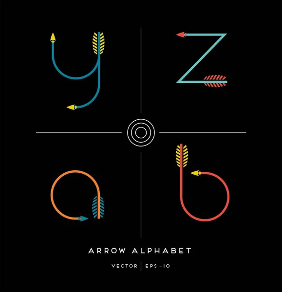 Moderna minimalistiska typsnitt alfabetet formad som pilar bågskytte. Bokstäverna z, y, a, b. — Stock vektor