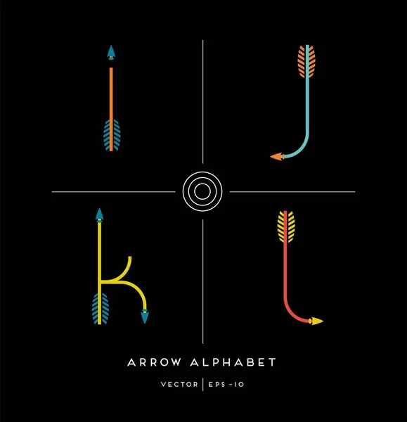 Moderno alfabeto minimalista a forma di frecce di tiro con l'arco. Lettere i, j, k, l . — Vettoriale Stock