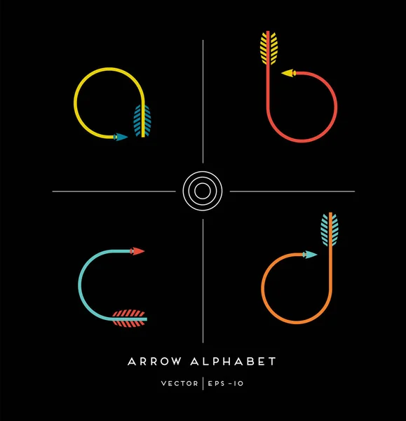 Moderno alfabeto minimalista a forma di frecce di tiro con l'arco. Lettere a, b, c, d. Illustrazione vettoriale . — Vettoriale Stock
