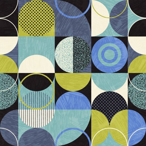 Seamless abstract geometric modern pattern. Retro bauhaus design of circles, squares and textures. 