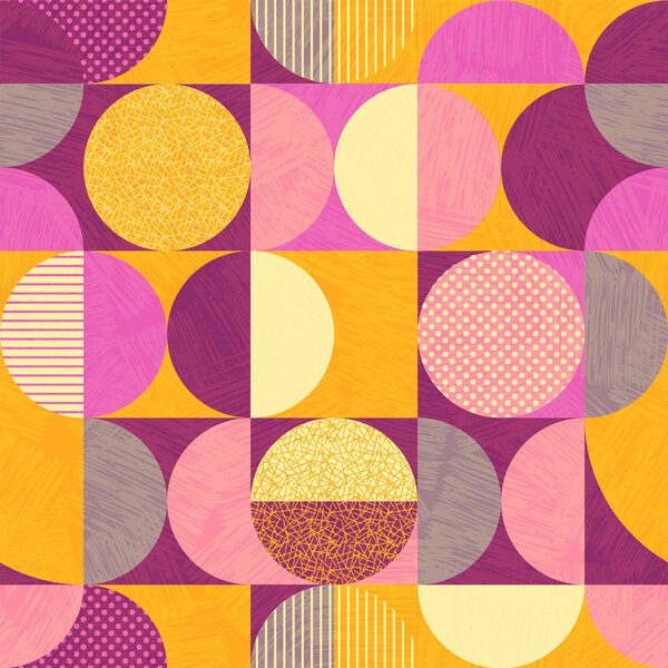 Seamless abstract geometric modern pattern. Retro bauhaus design of circles, squares and textures. 