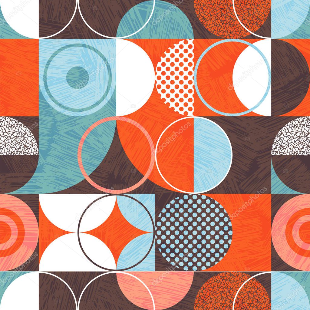 Seamless abstract geometric modern pattern. Retro bauhaus design of circles, squares and textures. 