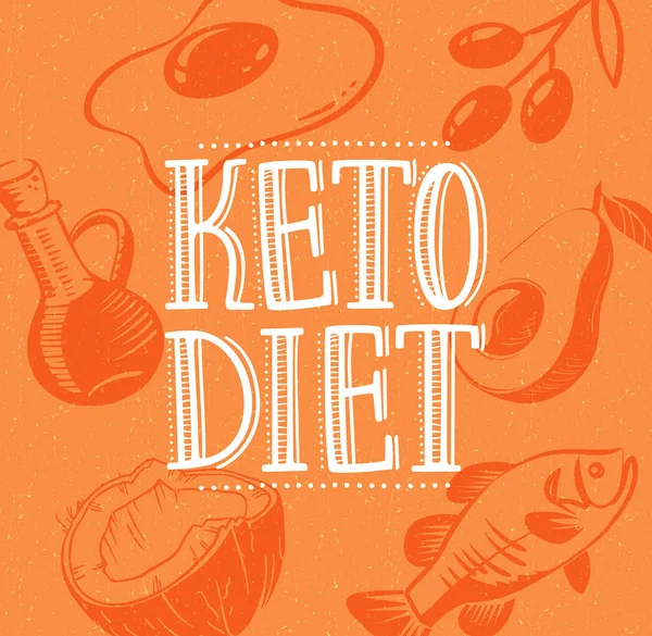 Ręcznie rysowane Keto Diet tytuł projektu otoczony keto żywności przyjaznej. Ketogenic diety dla zdrowej utraty wagi. Ilustracja wektorowa stron internetowych, plakatów i okładek. — Wektor stockowy