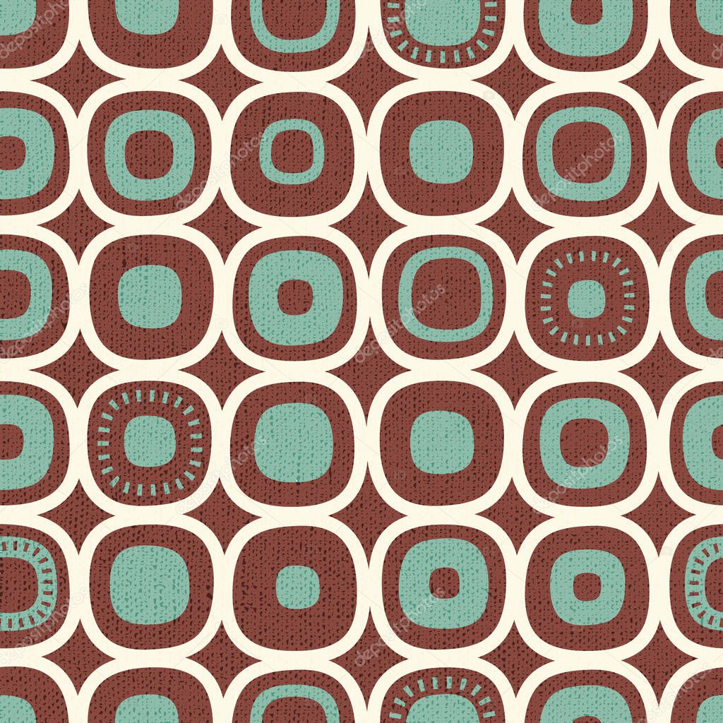 Abstract seamless pattern of rounded squares with random details. Retro Style.