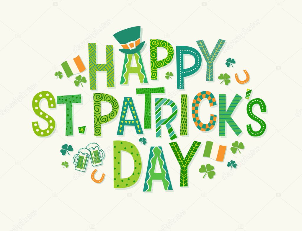 Happy St. Patrick's Day in decorative cartoon doodle font with Shamrocks, leprechaun hat, Irish flags and green beer. 