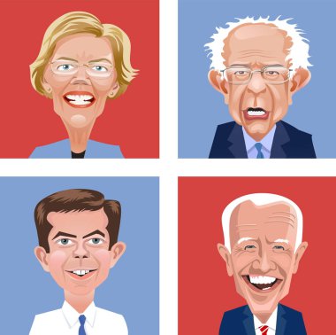 Kasım 2020 'de Amerika Birleşik Devletleri Başkanlığı seçimleri için dört Demokrat adayın karikatür başkanlığı. Elizabeth Warren, Bernie Sanders, Pete Buttigieg ve Joe Biden.