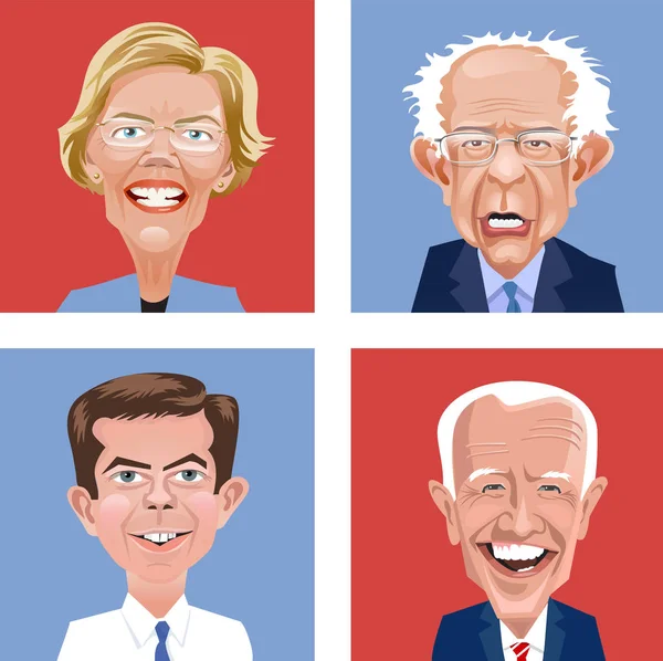 Teste dei cartoni animati di quattro candidati democratici alle elezioni presidenziali degli Stati Uniti nel novembre 2020. Elizabeth Warren, Bernie Sanders, Pete Buttigieg e Joe Biden . — Vettoriale Stock