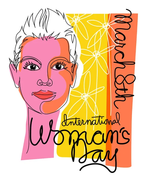 Παγκόσμια Ημέρα της Γυναίκας πολύχρωμο ρετρό σχεδιασμό με όμορφη γυναίκα της μόδας σε συνεχή γραμμή στυλ. — Διανυσματικό Αρχείο
