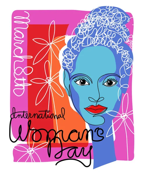 Παγκόσμια Ημέρα της Γυναίκας πολύχρωμο ρετρό σχεδιασμό με όμορφη γυναίκα της μόδας σε συνεχή γραμμή στυλ. — Διανυσματικό Αρχείο
