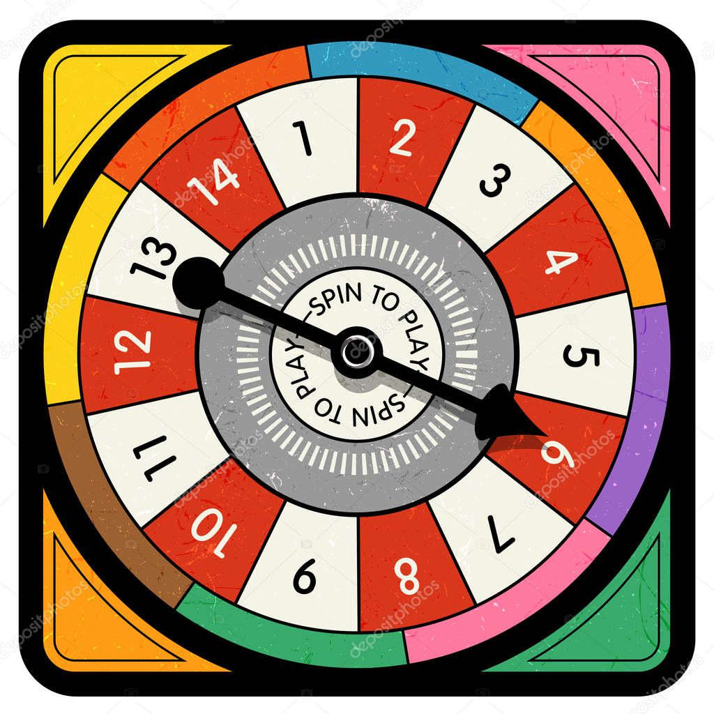 Vintage style spinner for board game with spinning arrow, numbers, and letters. 
