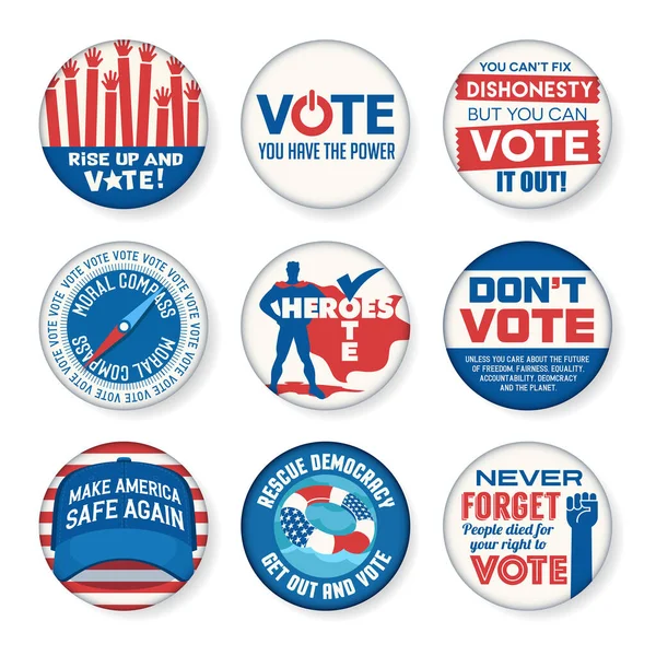Conjunto de botones políticos para promover la participación de los votantes en futuras elecciones en Estados Unidos. Fácil de editar. Ilustración vectorial . — Archivo Imágenes Vectoriales