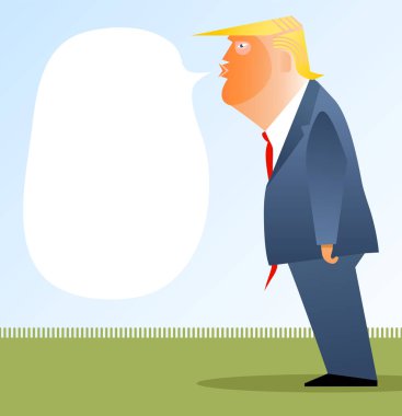 Donald Trump 'ın ayakta ve konuşurken çekilmiş karikatür portresi. Orijinal metnin için yer aç. Vektör illüstrasyonu