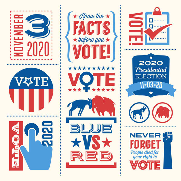 Patriotic design elements and motivational messages to encourage voting in United States 2020 election.