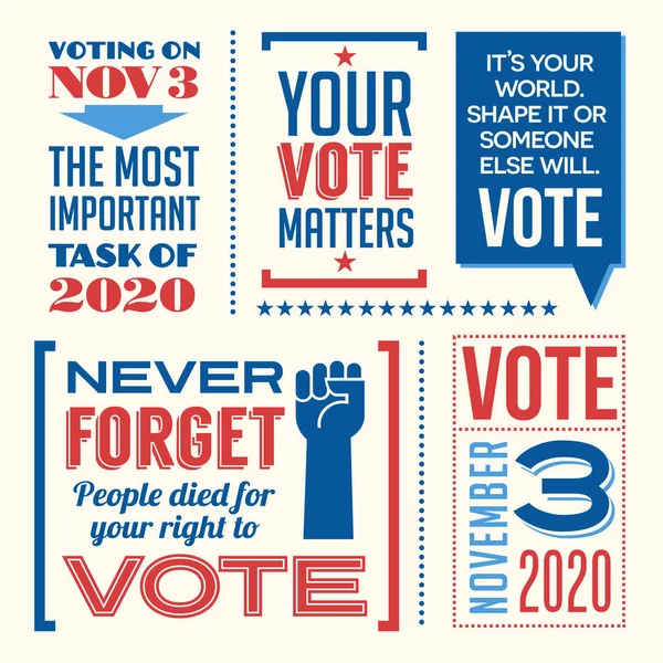 Hazafias tervezési elemek és motivációs üzenetek az Egyesült Államok 2020-as választásain való szavazás ösztönzésére. — Stock Vector