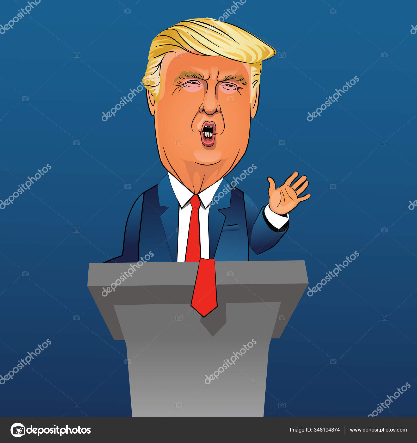 トランプ大統領のイラスト ドナルド トランプ大統領の演説が表彰台で行われた ベクターイラスト ストックベクター ©TeddyandMia 348194874