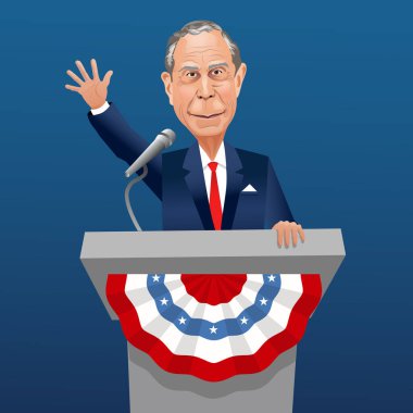2020 başkanlık adayı Michael Bloomberg 'in karikatürü, demokrat, podyumda konuşma yapıyor. Vektör İllüstrasyonu.