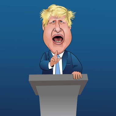 İngiltere Başbakanı Boris Johnson 'ın karikatürü podyumda gürültülü ve hareketli bir konuşma yapıyor. Vektör İllüstrasyonu.