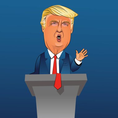Başkan Donald Trump 'ın bir podyumda konuşma yaparken karikatürü. Vektör İllüstrasyonu.