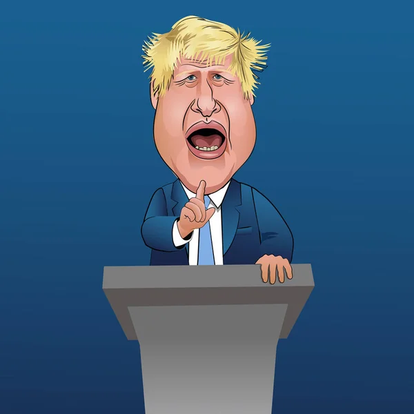 Ngiltere Başbakanı Boris Johnson Karikatürü Podyumda Gürültülü Hareketli Bir Konuşma — Stok Vektör