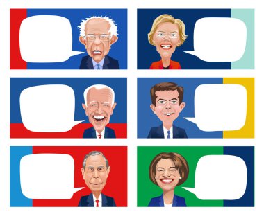 Başkanlık seçimi için altı Demokrat adayın karikatürleri. Elizabeth Warren, Bernie Sanders, Pete Buttigieg, Joe Biden, Amy Klobuchar, Mike Bloomberg.