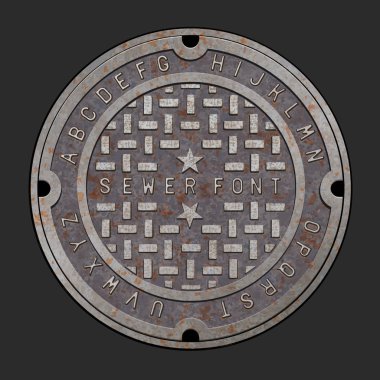 Old rusty iron alphabet font on realistic manhole cover.  Easy to edit vector design with layers.  Sewer cover template for use in your unique design.  clipart