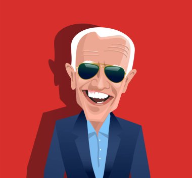 Joe Biden 'ın karikatürü, 2020 başkanlık seçimleri için demokratik aday, havacı güneş gözlüğü takıyor ve gülümsüyor. Vektör İllüstrasyonu.