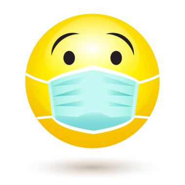 Cerrahi maske takan gülümseme emojisi. Coronavirüs salgını için ikon. Hastalıklı hasta hastalığın yayılmasını önlemek için tıbbi maske takıyor. Vektör İllüstrasyonu.