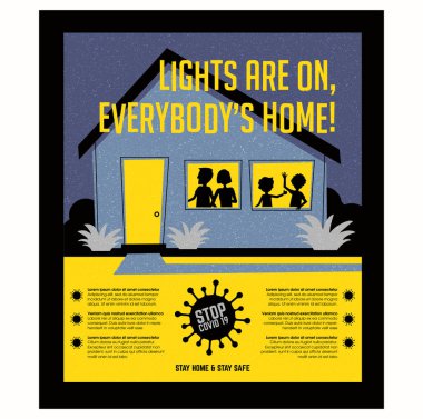 Poster ya da afiş, Coronavirus covid19 salgını sırasında insanları evlerinde kalmaya teşvik ediyor. Ailesi olan eski tarz bir ev. Işıklar açık, herkes evde. Metin için virüs simgesi ve boşluk.