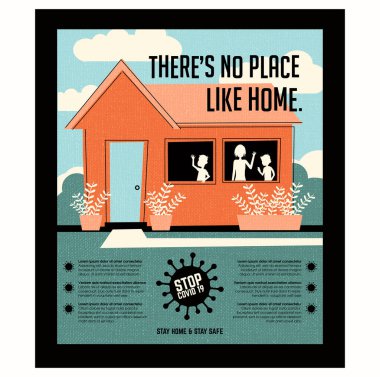 Poster ya da afiş, Coronavirus covid19 salgını sırasında insanları evlerinde kalmaya teşvik ediyor. Ailesi olan eski tarz bir ev. Ev gibisi yok. Metin için virüs simgesi ve boşluk.