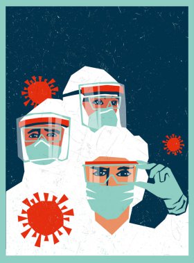 PPE giyen sağlık personeli, salgın sırasında koronavirüs kovid 19 hastalarına bakmak için kişisel koruyucu ekipman. Metin için alanı olan poster şablonu tasarımı.