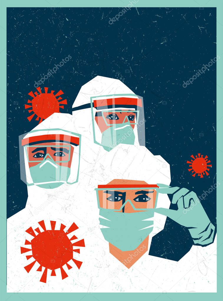 Medical staff wearing PPE, personal protective equipment to care for coronavirus covid-19 patients during pandemic. Poster template design with space for text.