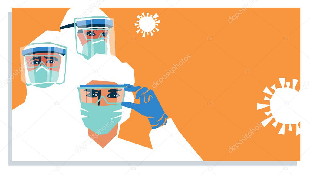 Medical staff wearing PPE, personal protective equipment to care for coronavirus covid-19 patients during pandemic. Poster or banner template design with space for text.