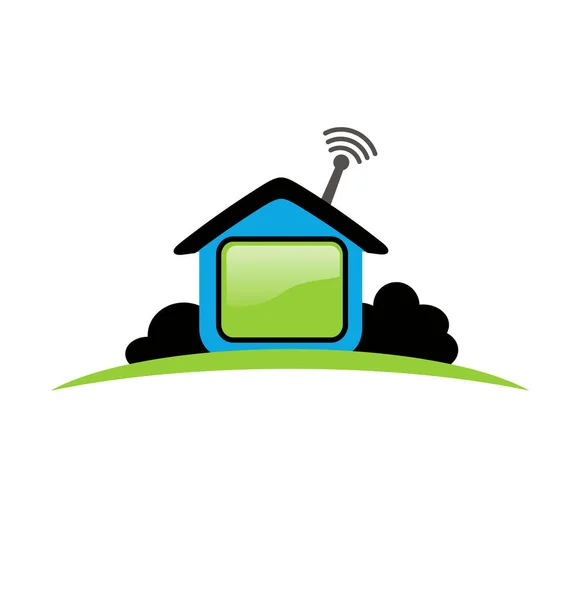 家族企业的图标或标志设计 具有电脑屏幕和无线网络的家庭图标 因Covid 19在家里工作 — 图库矢量图片