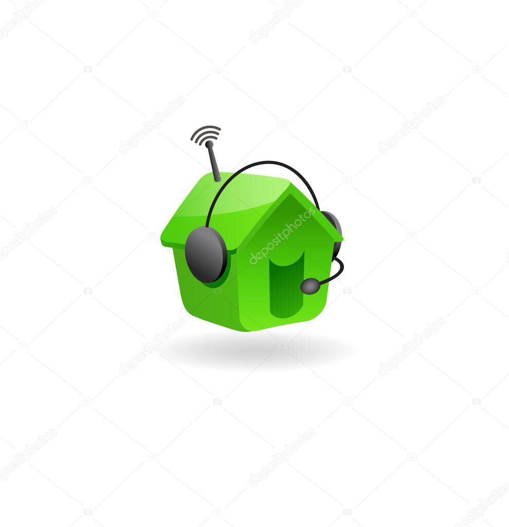 Icon or logo design for work from home business. Talking house icon with headset and wifi. Working at home because of COVID-19.