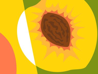 Düz biçimli soyut meyve tasarımı. Şeftali ve çukur kesimi. Vektör illüstrasyonu.